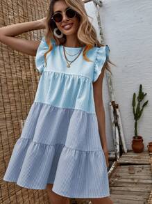 SHEIN LUNE Colourblock Striped Babydoll Dress - Blue - View 4