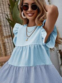 SHEIN LUNE Colourblock Striped Babydoll Dress - Blue - View 5