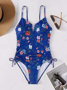 Floral Print V Wired One Piece Swimsuit - Blue - View 1