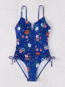 Floral Print V Wired One Piece Swimsuit - Blue - View 3