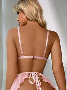 Heart Embroidery Bow Front Teddy Bodysuit & Thong - Dusty Pink - View 2