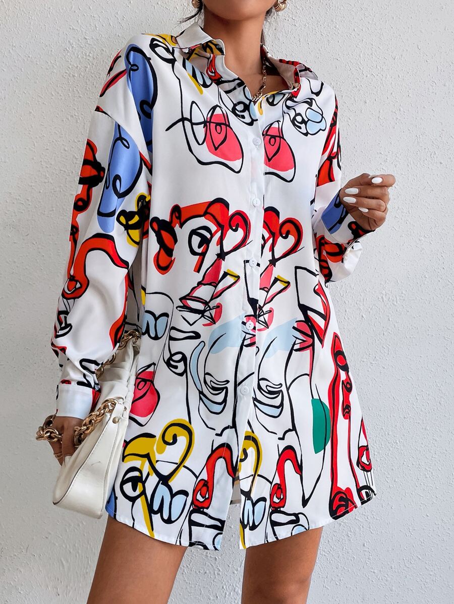 Abstract Figure Graphic Drop Shoulder Shirt Dress Without Belt - White - View 1