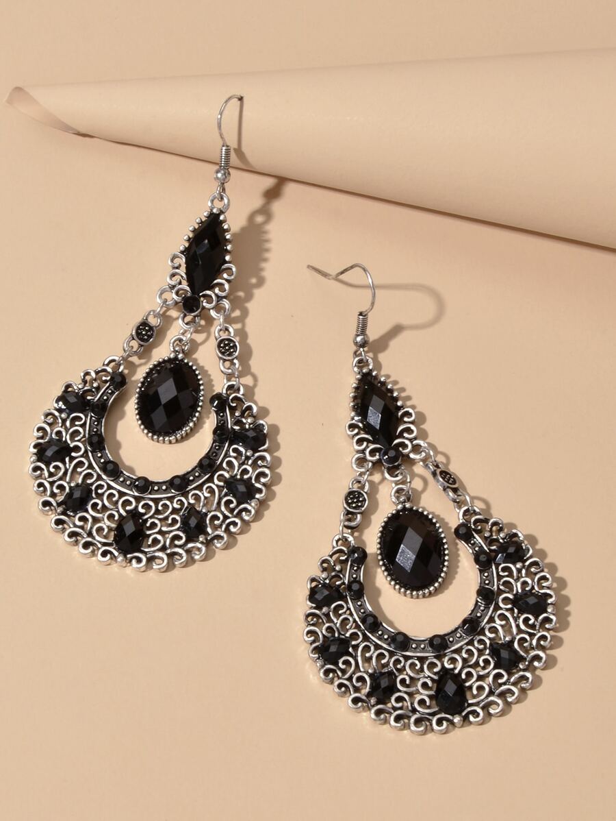 Hollow Out Drop Earrings - Black - View 1