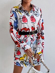 Abstract Figure Graphic Drop Shoulder Shirt Dress Without Belt - White - View 3