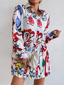 Abstract Figure Graphic Drop Shoulder Shirt Dress Without Belt - White - View 5