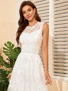 Floral Embroidery Mesh Overlay Lace A-line Dress - White - View 5