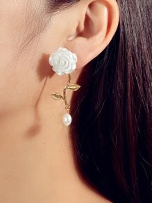 Flower Decor Faux Pearl Drop Earrings - White - View 2