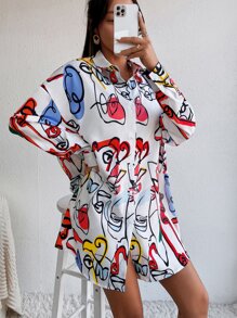 Abstract Figure Graphic Drop Shoulder Shirt Dress Without Belt - White - View 6