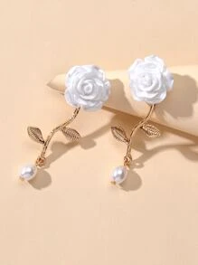 Flower Decor Faux Pearl Drop Earrings - White - View 4