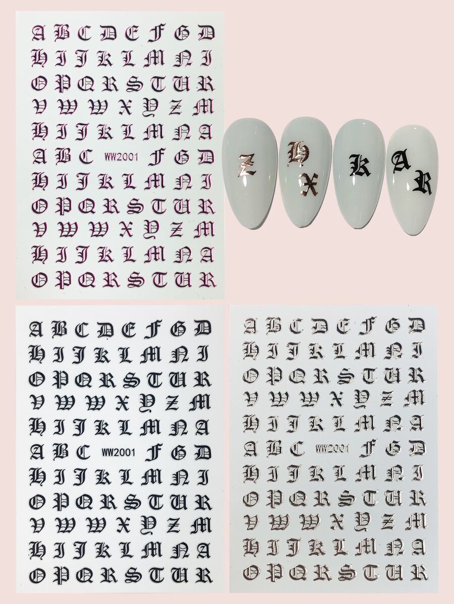 3張字母圖案美甲貼紙 - 彩色 - 查看 1