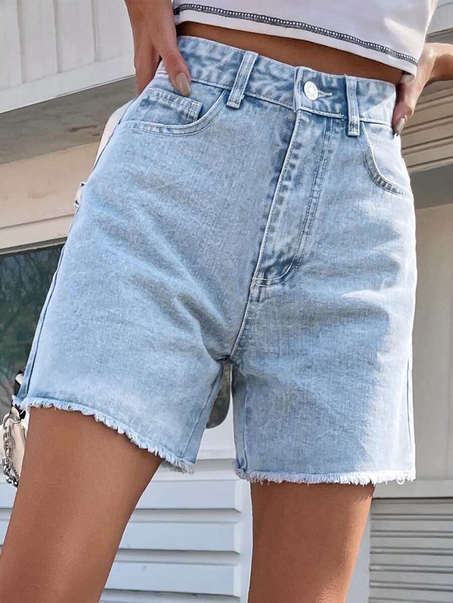 SHEIN Frenchy Solid Raw Hem Denim Shorts, Mom Shorts Summer - Light Wash - View 1