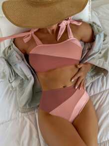 Bộ Bikini Nữ Thắt nút Khối Màu - Bụi hồng - Xem 3