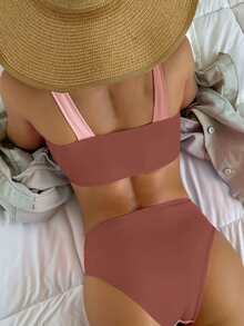 Bộ Bikini Nữ Thắt nút Khối Màu - Bụi hồng - Xem 2