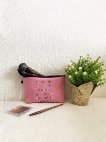 Bolsa de maquillaje con gráficos de letras, organizador de maquillaje, estuche de maquillaje - Rosa - Ver 2