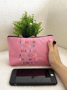Bolsa de maquillaje con gráficos de letras, organizador de maquillaje, estuche de maquillaje - Rosa - Ver 3