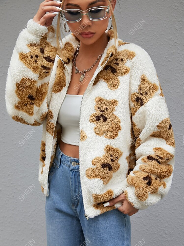 SHEIN EZwear Bear Pattern Drop Shoulder Teddy Jacket SHEIN