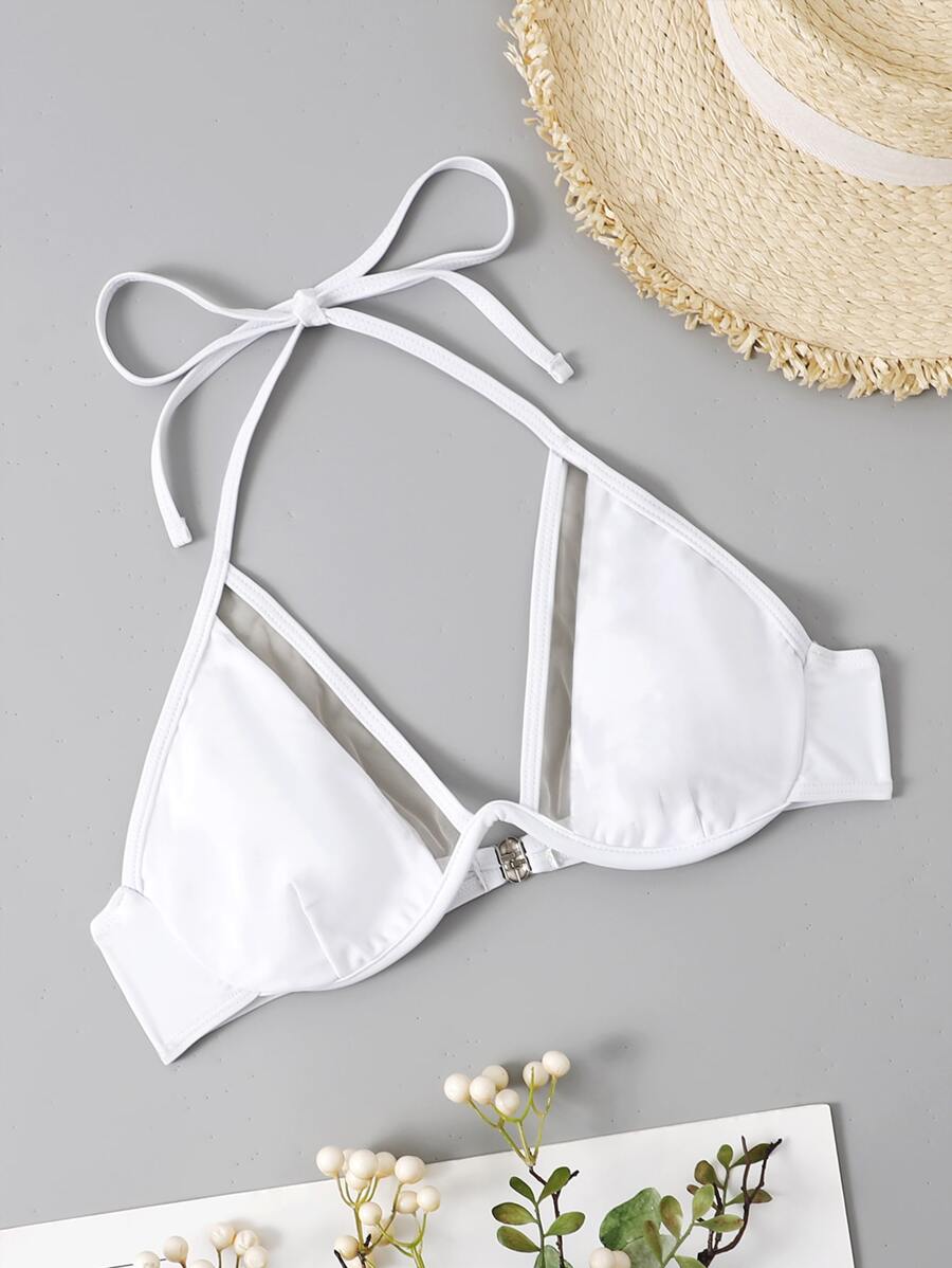 Swim Mod 網紗拼接背帶吊脖鋼圈比基尼泳裝上衣 - 白色 - 查看 1