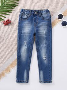 Toddler Boys Bleach Wash Ripped Tapered Jeans - Dark Wash - View 1