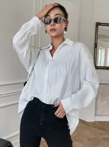 DAZY Textured Drop Shoulder Button Front Shirt,Fall Clothes Preppy Tops Long Sleeve Top - White - View 1