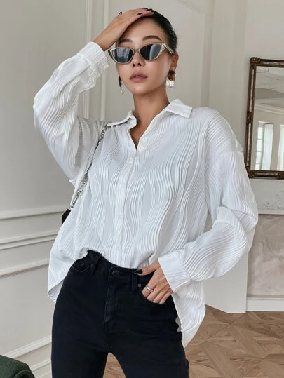 DAZY Textured Drop Shoulder Button Front Shirt,Fall Clothes Preppy Tops Long Sleeve Top