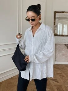 DAZY Textured Drop Shoulder Button Front Shirt,Fall Clothes Preppy Tops Long Sleeve Top - White - View 2