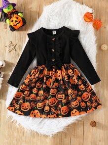 Toddler Girls Halloween Pumpkin Print Ruffle Trim Dress - Black - View 1