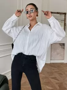 DAZY Textured Drop Shoulder Button Front Shirt,Fall Clothes Preppy Tops Long Sleeve Top - White - View 5