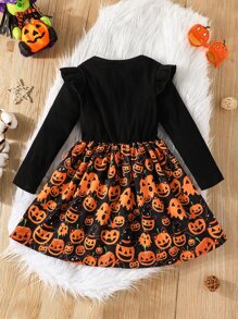Toddler Girls Halloween Pumpkin Print Ruffle Trim Dress - Black - View 2