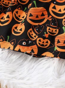Toddler Girls Halloween Pumpkin Print Ruffle Trim Dress - Black - View 3