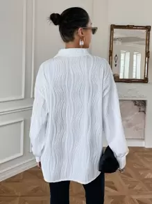 DAZY Textured Drop Shoulder Button Front Shirt,Fall Clothes Preppy Tops Long Sleeve Top - White - View 6