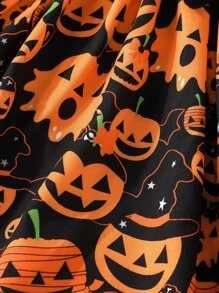 Toddler Girls Halloween Pumpkin Print Ruffle Trim Dress - Black - View 4