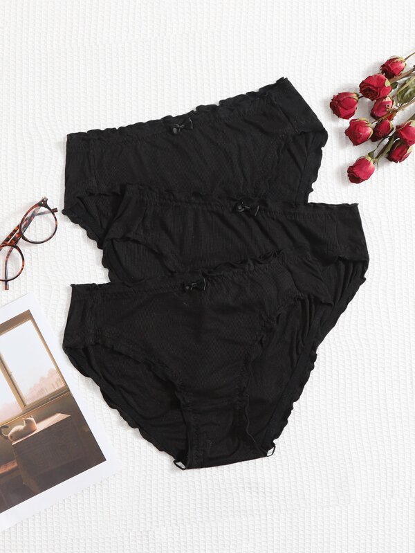 Women's Plus Size Black Lettuce Trim Plain Casual Panties With Medium Stretch Fabric 2 Packs