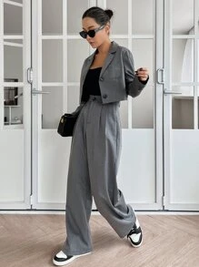 DAZY 贴袋单排扣西装外套和褶裥细节修身西裤，秋季商务正装 - 灰色 - 查看 2
