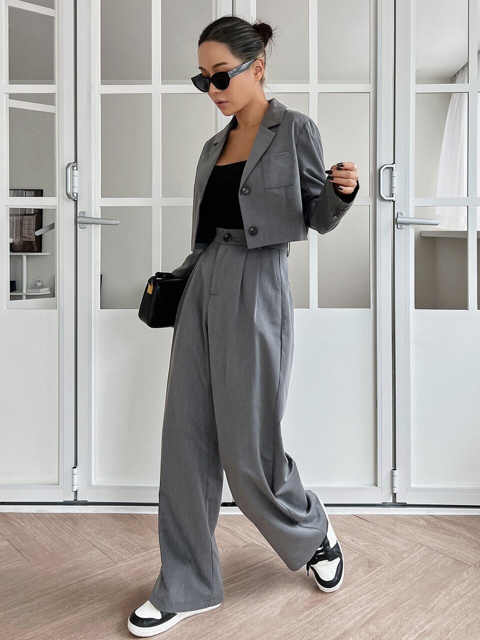 Patched Pocket Single Breasted Blazer & Plicated Detail Tailored Pants,Fall Clothes Business Attire