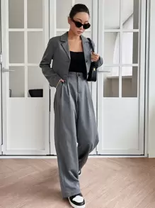 DAZY 贴袋单排扣西装外套和褶裥细节修身西裤，秋季商务正装 - 灰色 - 查看 3