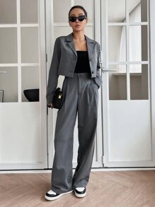 DAZY 贴袋单排扣西装外套和褶裥细节修身西裤，秋季商务正装 - 灰色 - 查看 4
