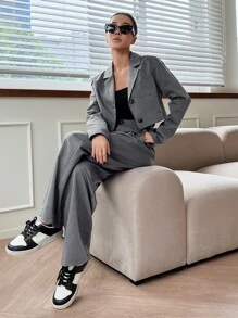 DAZY 贴袋单排扣西装外套和褶裥细节修身西裤，秋季商务正装 - 灰色 - 查看 6