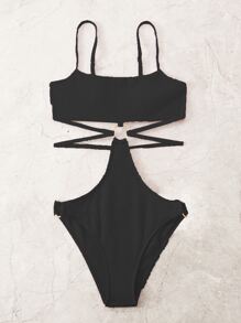 Summer Beach Textured Ring Linked Cut-Out One Piece Swimsuit