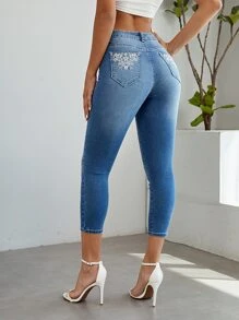 SHEIN Essnce Quần jean nữ Nút Nghề thêu Túi Dây kéo Hoa - Rửa trung bình - Xem 1
