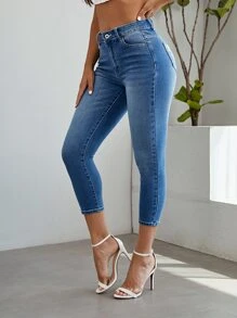 SHEIN Essnce Quần jean nữ Nút Nghề thêu Túi Dây kéo Hoa - Rửa trung bình - Xem 2