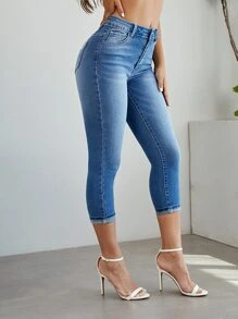 SHEIN Essnce Quần jean nữ Nút Nghề thêu Túi Dây kéo Hoa - Rửa trung bình - Xem 3