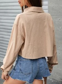 SHEIN EZwear Casual Solid Color Woven Cropped Shirt, Autumn - Khaki - View 3