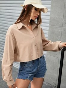 SHEIN EZwear Casual Solid Color Woven Cropped Shirt, Autumn - Khaki - View 4