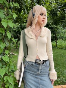 ROMWE PUNK Cárdigan grunge cuello de borreguito tejido de canalé