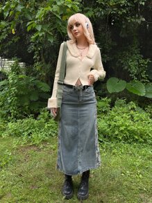 ROMWE PUNK Cárdigan grunge cuello de borreguito tejido de canalé