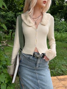 ROMWE PUNK Cárdigan grunge cuello de borreguito tejido de canalé