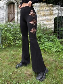 ROMWE PUNK Grunge High Waist Cut Out Side Flare Leg Trousers - Black - View 4