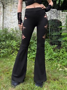 ROMWE PUNK Grunge High Waist Cut Out Side Flare Leg Trousers - Black - View 3