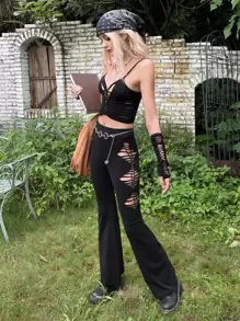 ROMWE PUNK Grunge High Waist Cut Out Side Flare Leg Trousers - Black - View 5