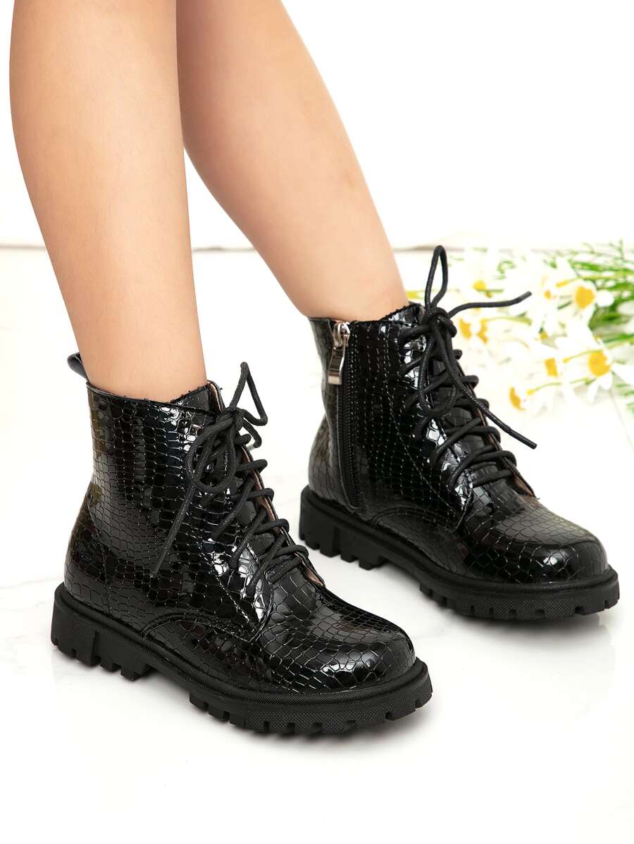 Girls Snakeskin Embossed Lace-up Front Zipper Side Combat Boots - Black - View 1